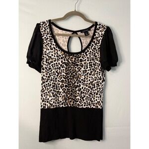 White House Black Market Leopard Print Keyhole Knit Top Black Sheer Sleeve MED‎